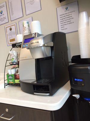 Keurig coffee & water.  Check first if you're here for a lab draw or imaging procedure to see if you're allowed to have something first.