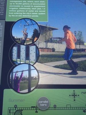 Park has art and fitness elements. Climbing walls, concrete track, rings, bars etc.