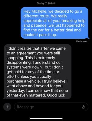 A text response from sales person