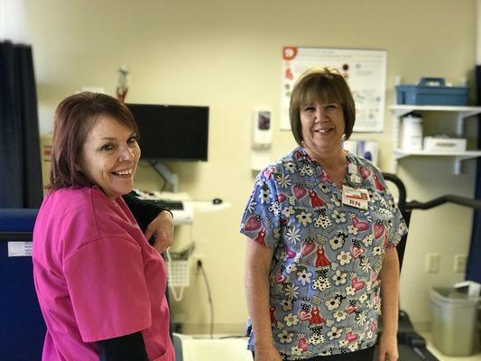 Renee and Della work in our cardiac stress lab.  Always willing to help out and add on another stress test.