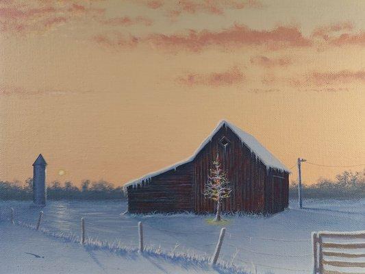 "Grandpa's barn at Christmas" acrylic on canvas panel.