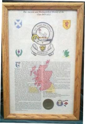 Printed Clan Badge (or Coat of Arms) History of Name, framed or protective sleeve, lots of options - Great Gift.