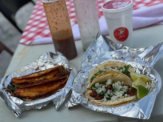 Quesabirrias and Street tacos served with a agua de Jamaica