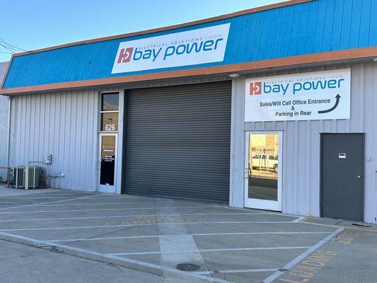 Bay Power Modesto front of building. Sales counter, will call entrance, and parking located in the rear.