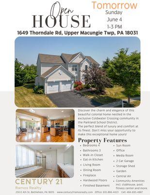 Open House Tomorrow
June 4 
1-3 PM
1649 Thorndale Rd, Upper Macungie Township, PA 18031