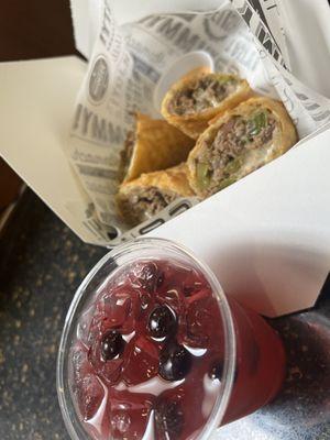 Philly cheesesteak eggrolls! And a blueberry lemonade!