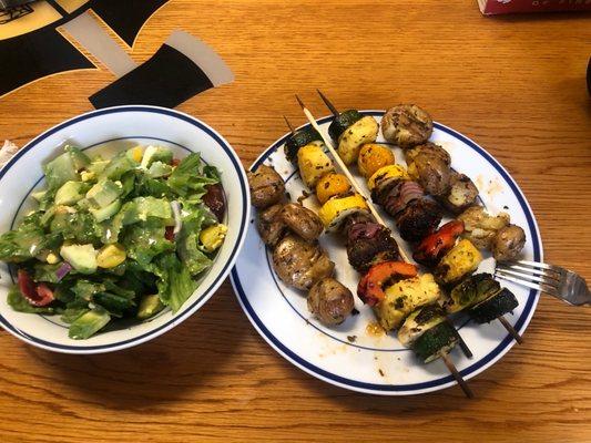 Veggie skewers with lemon rosemary marinade. rosemary smash potatoes and side salad.