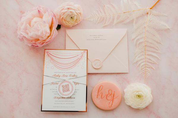 Pink and Rose gold invitation with QR code rsvp and wax seal