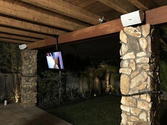 Outdoor tv with ceiling mount and outdoor Yamaha speakers.