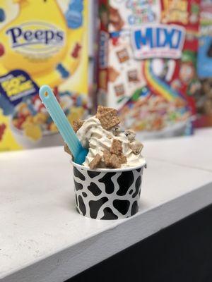 Cereal Ice Cream Swirl Cup with Vanilla, Cinnamon Toast Crunch, Marshmallow Drizzle, and Cookie Dough