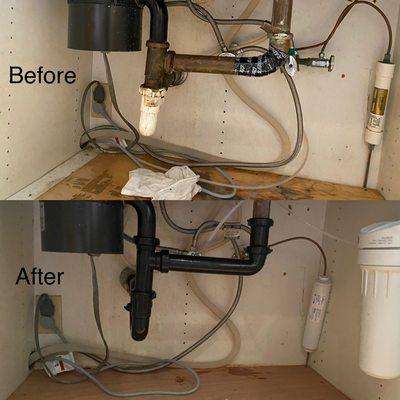 Kitchen plumbing- found numerous leaks and replaced valves, waste lines, water filters and rebuild the rotted cabinet floor