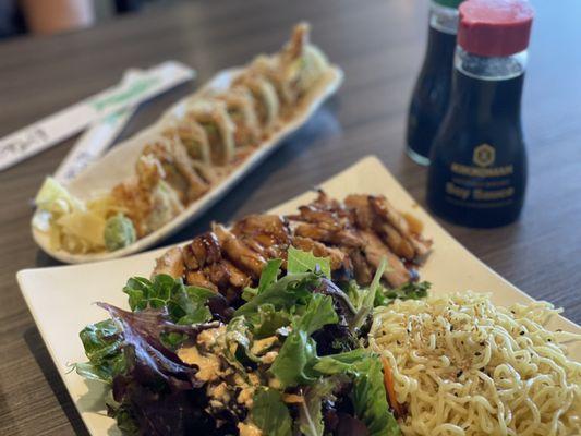 Chicken Teriyaki Plate with Garlic Noodles & fresh Salad w/their own dressing. Crunchy Rolls came w/wasabi & lots of ginger.