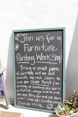 Furniture painting workshops only $95! Bring a small piece of unpainted furniture and leave with the FINISHED piece.