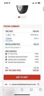 Firestone website..price of the tire we bought