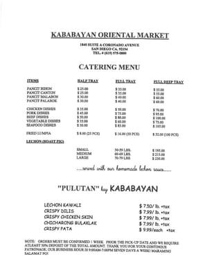 Menu Kababayan Oriental Market