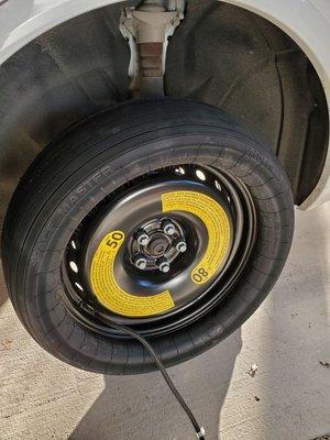 Space saver spare for German cars.  Once inflated looks like normal tire.