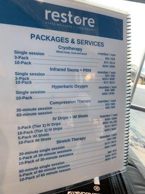 Packages and services menu