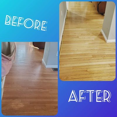 Did you know we also strip and refinish hardwood floors without sanding?? Years of mop-n-glow stripped off this floor to restore the beauty!