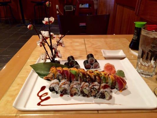 Yellowtail scallion roll, Plattsburgh roll, and salmon skin roll.