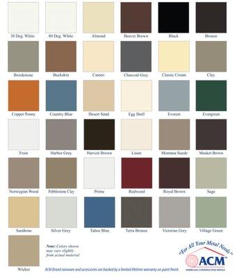 Color Chart for Seamless Gutters and Downspouts