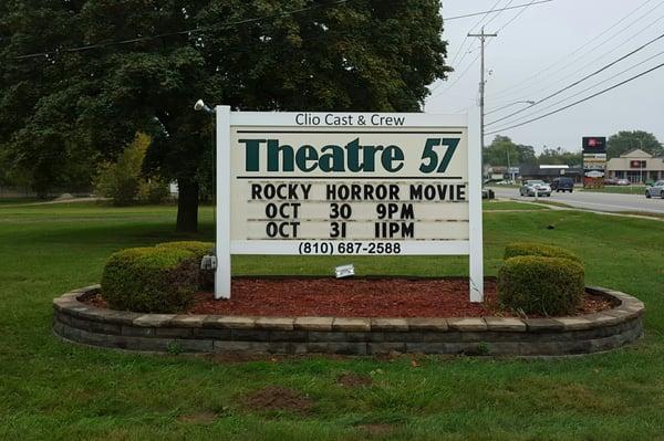 The sign at Theatre 57, the home of Clio Cast and Crew, inc.