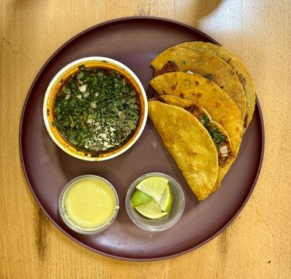 Birria tacos and Consomé