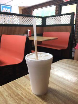 Crispy fried chicken livers (we covered ours in hot sauce lol) and peach milkshake - delicious!