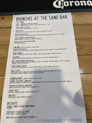 Sand Bar Menu