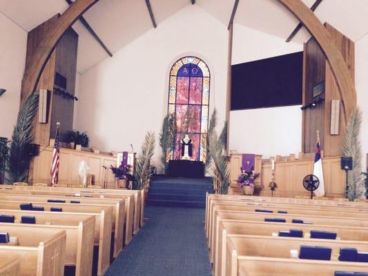 Palm Sunday decorations in the sanctuary.