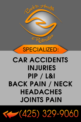 Massage therapy for car accident injuries, we accept PIP, L&I claims, treat back pain, headaches, joint spain