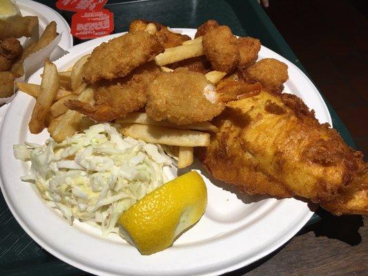 Fried Seafood combo - haddock, shrimp and scallops with coleslaw