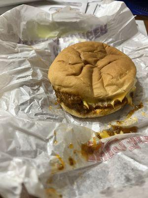 Single chilli cheese burger! The hamburger patty tasted like it came out of the microwave