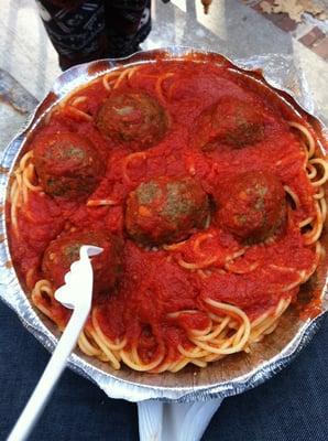 Spaghetti and meatballs. They don't put whole meatballs, each meatball is half of one.