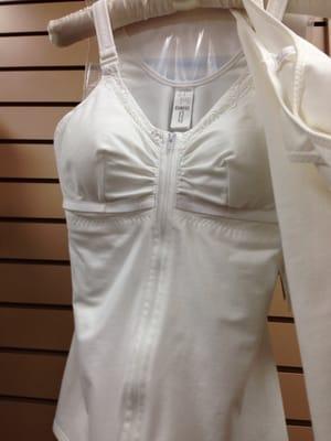 Soft comfortable front close camisole w inserts for drainage bulbs and later inserts for breast prostheses.