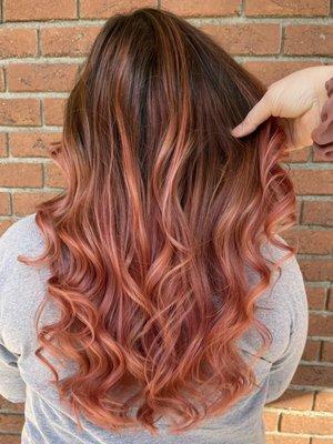 Pink hair, balayage, dimensional brunette