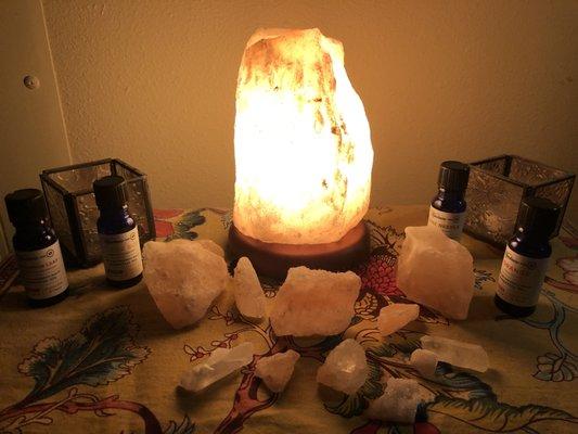 Himalayan salt lamp and stones.