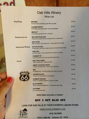 Menu of wines