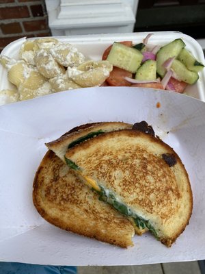 spicy grilled cheese, mac & cheese, tomato cucumber salad