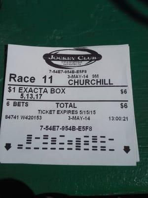 2014 Kentucky Derby exacta wager. As the result of an exacta box of California Chrome and Commanding Curve I won $170.