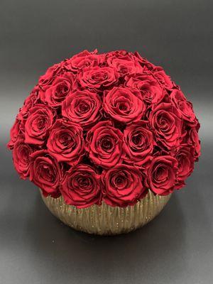 Red preserved roses in a golden vase