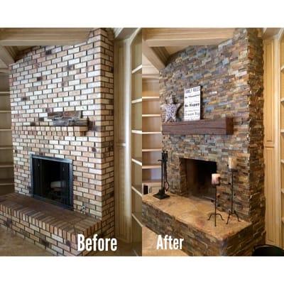 Demolished mantle and hearth to re-face fireplace. Installed new stacked stone, Mantle and hearth. 5 day project. Poway, CA