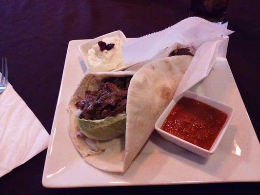 Beef pita with garlic mashed potato dip.