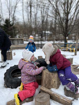 We are proud  that our children start their morning in our outdoor classroom. So on snowy days we are sledding and playing in the snow.