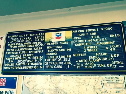 pricing board for repairs.  very reasonable.