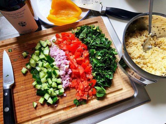 Flamingo Estate Olive Oil - tabbouleh salad in progress