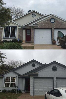 Transformed with care: Before and after a thorough wash, stylish brick stain, and trim and garage door enhancements.