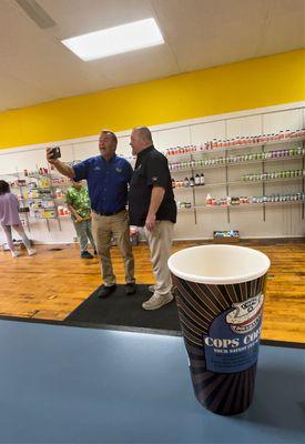 Greg and Bubba from Cops & Doughnuts paying a visit on our first day open