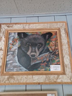 Cute Bear Cub , Acrylic on canvas. Frame is handmade from all North Carolina wood.