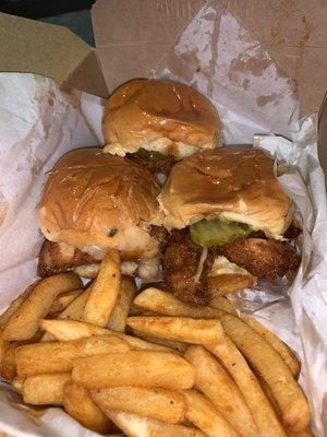 Sweet & Spicy Chicken Sliders w/fries includes pepper jack cheese and pickle