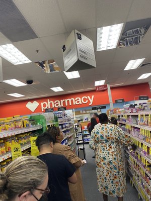 The long line to wait to pick up prescriptions. 15+ people